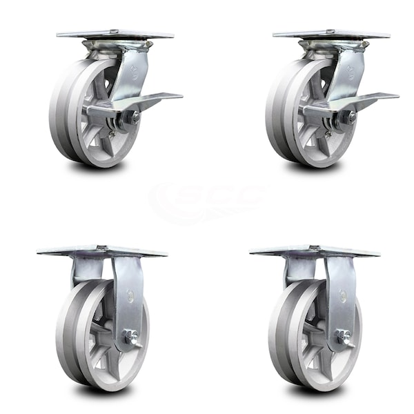 6 Inch V Groove Semi Steel Caster Set with Ball Bearing 2 Brakes and 2 Rigid SCC